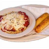Chicken Parmesan Pasta · Spaghetti noodles, Parmesan chicken covered with marinara sauce. A la carte served with 2
