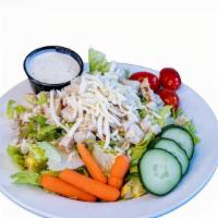 Grilled Chicken Salad · Grilled chicken, romaine lettuce, grape tomatoes, cucumbers, carrots, mozzarella and croutons.
