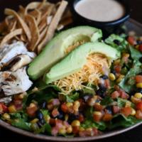 Full Southwest Chicken Salad (Gf) · Chopped romaine, mixed greens, chicken breast, black bean corn salsa, avocado, Wisconsin mil...