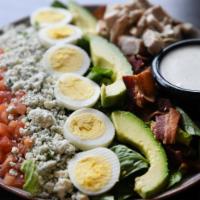 Full Cobb Salad (Gf) · Chopped romaine, mixed greens, sliced hard boiled egg, Blue cheese crumbles, sliced avocado,...