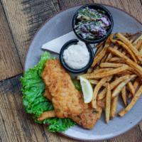 Fish & Chips · Beer battered with Great Overland Kolsch, served with hand-cut fries, and homemade coleslaw ...