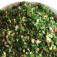 Tabouli- Small · Salad made with parsley, onion, tomato, mint,olive oil & lemon finely chopped