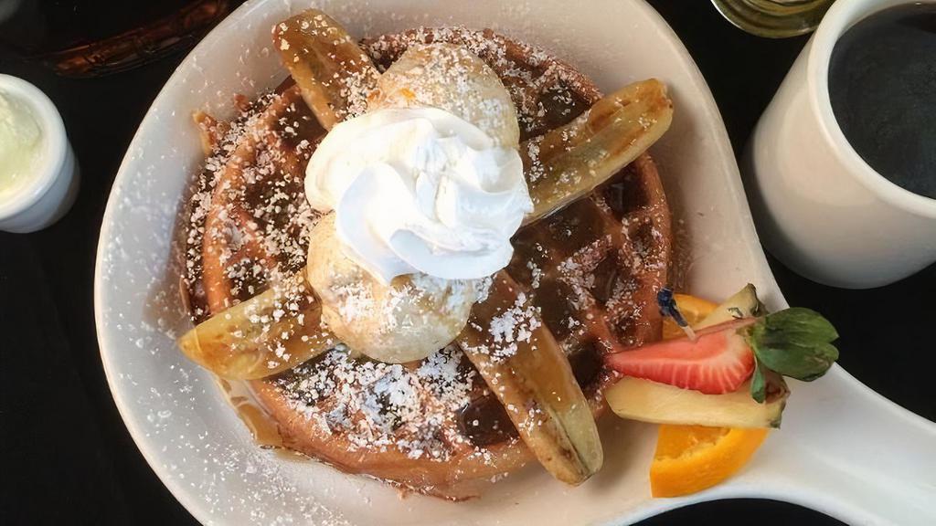 Banana Foster Waffle · brown sugar bananas, foster sauce, vanilla ice cream. . Add fresh strawberry, blueberry, or banana for $2.50 each . In addition, make it a platter with 2 eggs any-style and your choice of bacon, banger, or turkey kielbasa for $4.95