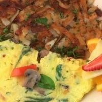 Build Your Own Omelette · choose any 3 items (each additional item is .95 cents) with hash brown potatoes  (contain gr...