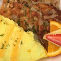 Cheese Omelette · choice of cheddar, american, swiss, or provolone cheese with hash brown potatoes  (contain g...