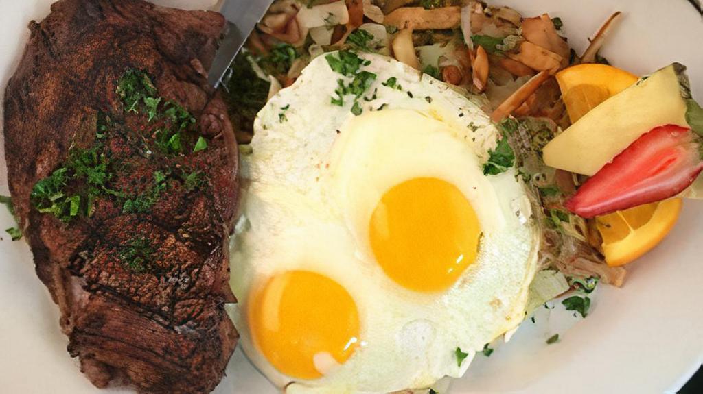 The Ultimate Ribeye Steak & 2 Egg Breakfast · ribeye steak 2 eggs any style, has brown potatoes ( contain green onions) - choice of toast, biscuit, or cup o bread.