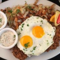 Country Fried New York Steak & Eggs · buttermilk battered, 2 eggs any style, has brown potatoes ( contain green onions) & country ...