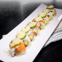 Pacific · Spicy tuna and avocado topped with salmon tuna escolar jalapeño and crunch.