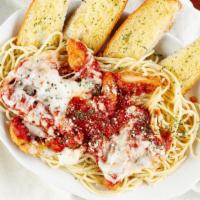 Chicken Parmesan With Spaghetti · Breaded chicken breast topped with our own tomato sauce and mozzarella cheese, served over a...