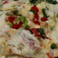Garden Omelet · Three egg whites, spinach, tomato, red and green peppers and red onion.