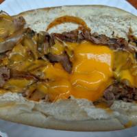 The Godfather Cheese Steak · Thinly sliced top round grilled with caramelized onion, melted cheddar and horseradish mayo.
