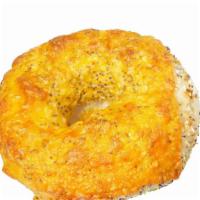 Everything Cheddar Cheese Bagel · Our works bagel with poppy seeds, sesame seeds, onion, and garlic, then covered with a thick...