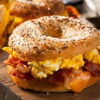 Pastrami, Eggs And Cheese Breakfast Sandwich · Lean Pastrami, 2 fresh cracked cage-free eggs and Cheddar Cheese on your choice of bagel