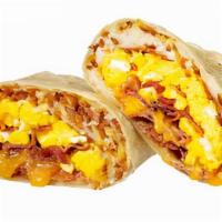 Ham And Eggs Breakfast Burrito · 3  fresh cracked Cage-Free scrambled eggs, ham, hash browns, and melted cheddar cheese in a ...