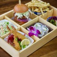 Ichiban Bento · Tokyo classic beef slider, 2 pc tempura shrimp, 4 pc california roll, fries, seaweed salad, ...