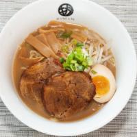 Tsukemen Ramen · Dipping noodles in a smoky seafood flavor pork broth, pork chasu. Seasoned egg, nori, baby c...