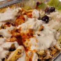 Chicken Plate · Chicken, rice, lettuce, tomato, cucumber, onion, olive, feta cheese, dressing, hot sauce, wh...