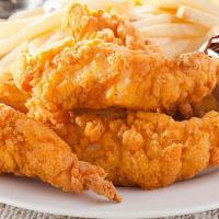 Chicken Tenders · Southern style fried chicken tenders, choice of fries or broccoli