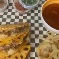 Combo #2 Birria · Warm cup of beef birria consommé with Three Birria meat and Monterey Jack Cheese tacos to di...