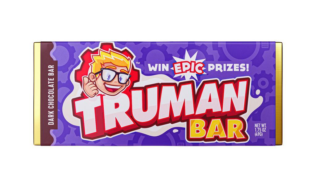 The Truman Bar, Dark Chocolate With Golden Ticket (1.75Oz) · The bar that started it all - The Truman Bar. The newest addition to the team, a delicious and creamy dark chocolate bar with breakaway squares. Each Truman Bar contains a mini golden ticket printed underneath the wrapper that can win epic prizes.