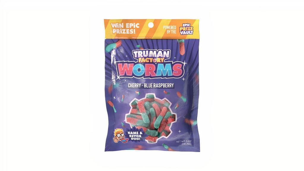 Cherry - Blue Raspberry Worms (4.7Oz) · Truman Factory Worms combine mouth-watering flavors of cherry and blue raspberry into every chewy bite. Each Truman Factory bag of candy contains a mini golden ticket that can win epic prizes.