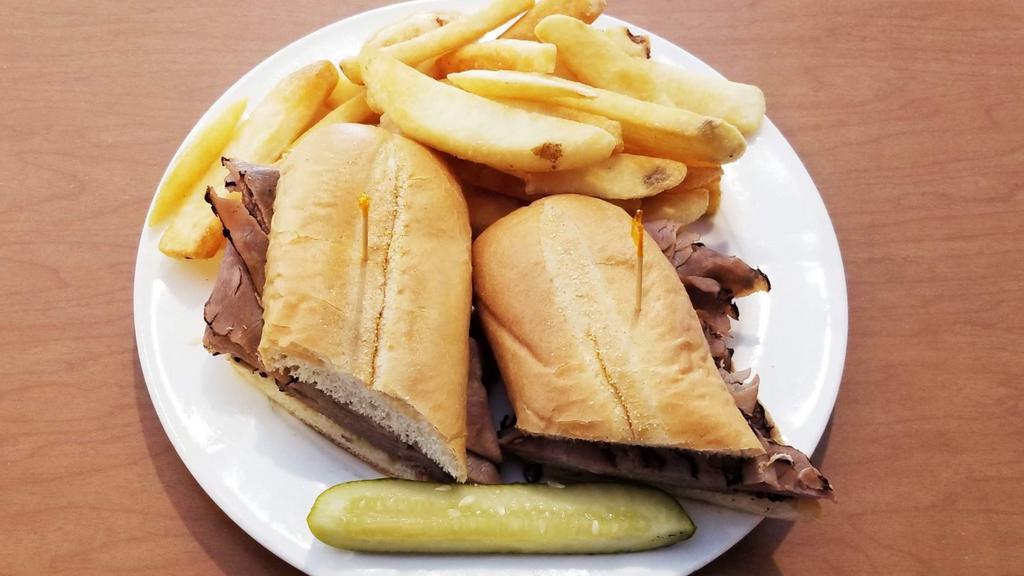 French Dip Sandwich · Hot roast beef, au jus, served on a grilled french roll. Served with potato salad, cole slaw, pasta salad or french fries.