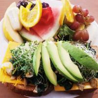 Evergreen Melt · Spinach, mushrooms, sprouts, tomato salsa, melted cheese ,avocado served open face on whole ...