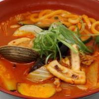 Jjambbong · Shrimps, clams, mussels, squid, assorted vegetables and pork served in mild / spicy / extra ...