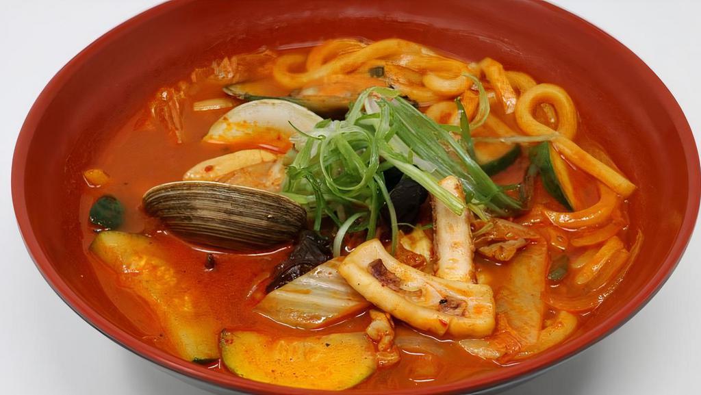 Jjambbong · Shrimps, clams, mussels, squid, assorted vegetables and pork served in mild / spicy / extra spicy broth.