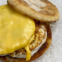 Sausage Egg & Cheese · Served on a fresh English Muffin
(Turkey Sausage)