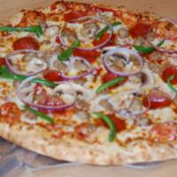 Meathead Pizza · Tomato Sauce, Mozzarella, Pepperoni, Sausage, Green Pepper, Mushroom, Red Onions.
