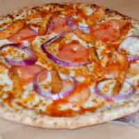 Buffalo Chicken Pizza · Ranch Dressing Base, Spicy Chicken, Cheese Blend, Red Onion, and Sliced Tomato with Buffalo ...