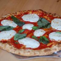 Margherita Pizza · Tomato Sauce, Fresh Mozzarella, EVOO, and Fresh Basil.
