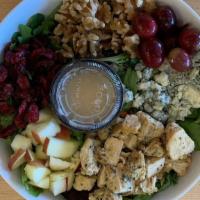 Fall Harvest Salad (Gf) · Romaine, Organic Mesclun, Organic Baby Spinach, Roasted Chicken, Red Grapes, Crisp Apples, B...