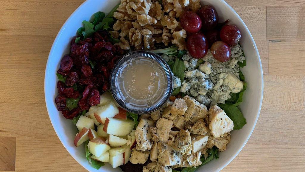 Fall Harvest Salad (Gf) · Romaine, Organic Mesclun, Organic Baby Spinach, Roasted Chicken, Red Grapes, Crisp Apples, Blue Cheese, Walnuts, Apple Cider Vinaigrette. 680c