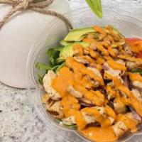 Chicken Avocado Salad · chicken, arugula, avocado, croutons, chickpea, red onion, bell pepper, olive oil, spicy chip...