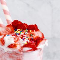Strawberry Monster Shake · strawberry ice cream, milk, strawberry sauce, gummy strawberry, whipped cream, strawberry, s...