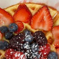 Berries Waffle · strawberry, blackberry, blueberry, raspberry, strawberry sauce, maple syrup, whipped cream, ...