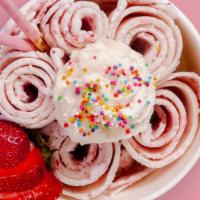Strawberry Iroll · strawberry, sprinkles, strawberry stick, whipped cream