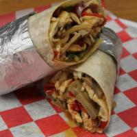 Teriyaki Wrap · Green pepper, red pepper, mushrooms, onions, grilled chicken and teriyaki. Served with fries.