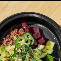 Vegetarian Poke Bowl · Sweet potato, beets, wild rice, cucumber, avocado, jalapeno, cilantro, sesame seed, ponzu sa...