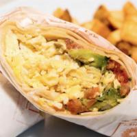 Breakfast Burrito · Scrambled eggs, salsa, avocado & swiss cheese wrapped in a flour tortilla, served with break...