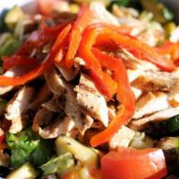 Grilled Vegetable And Chicken Salad · Grilled chicken breast, romaine lettuce, eggplant, zucchini, roasted red peppers, yellow squ...