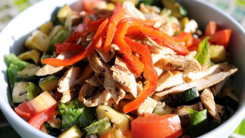 Grilled Vegetable And Chicken Salad · Grilled chicken breast, romaine lettuce, eggplant, zucchini, roasted red peppers, yellow squash, tomatoes and cucumbers tossed with our balsamic basil vinaigrette.