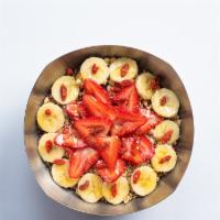 Vitality Bowl · Base blend; organic açaí, vb blend, bananas, strawberries, flax seed. Toppings, organic gran...