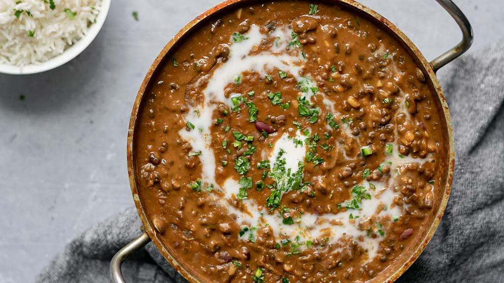Dal Makhani · Gluten free. Black lentils and kidney beans cooked over a slow fire, seasoned with fresh herbs. Vegetarian.

Served with rice.
