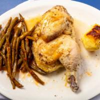 Greek Chicken Secara · A half chicken baked w/fresh lemon juice & ex virgin olive oil served with oven roasted pota...