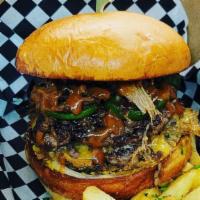 Cowboy · Fresh made patty, cheddar, pulled pork, grilled jalapeños, onion, pickles, mustard, topped w...