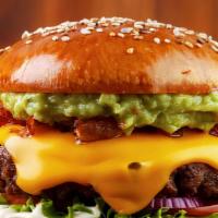 The Bbq Avocado Burger · Fresh grilled 1/3 lb beef patty, BBQ sauce, sauteed
onions, sizzling bacon, creamy avocado, ...