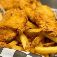 Chicken Tenders · Chicken tenders lightly battered. Served with a side of fries.